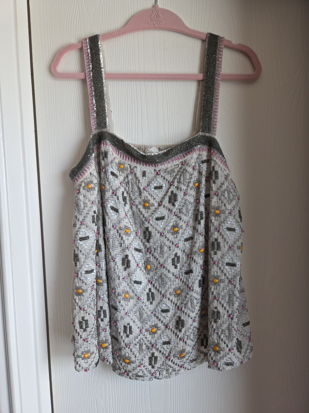 Embellished Beaded Tank Top — Cream with Yellow, Silver & Pink Accents
